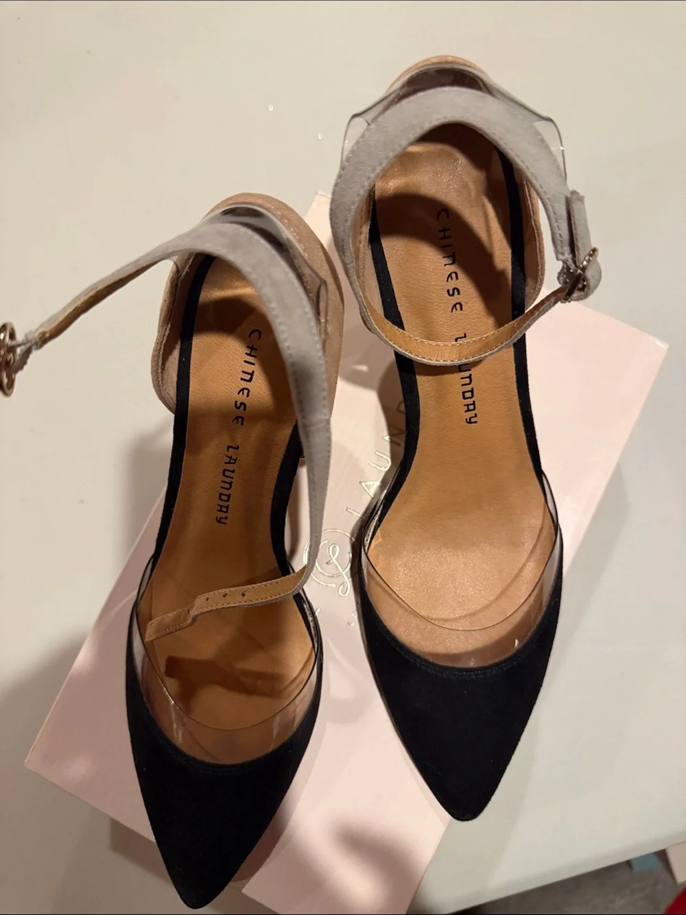 Chinese Laundry Black Pointed Clear-Strap Ankle Pumps